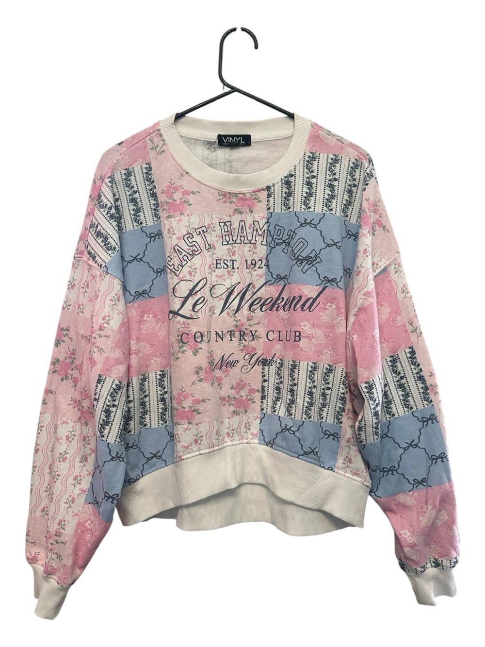VINYL Icons 'Le Weekend' Pink Patchwork Floral Crewneck Sweater Size Small